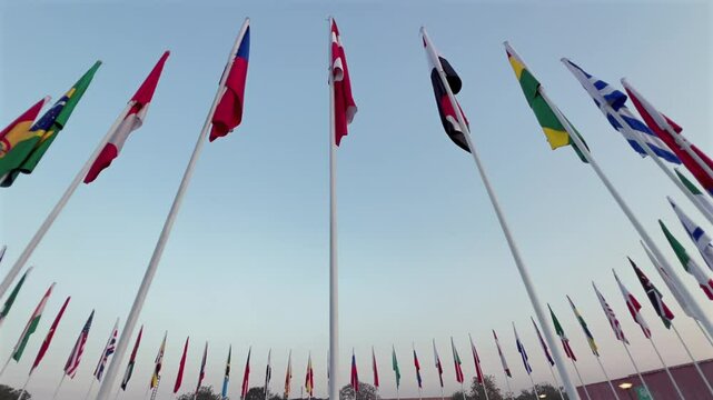 Global Unity, UNO Conference Featuring All Country Flags, Vibrant International Banners, Diplomatic Summit, Worldwide Nations, Cultural Diversity and Global Cooperation 2025  Clip 47