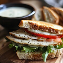 Hearty toasted sandwich with creamy sauce, fresh toppings, and soup