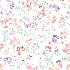 Seamless pattern of delicate pastel watercolor blossoms in soft romantic hues on a light backdrop