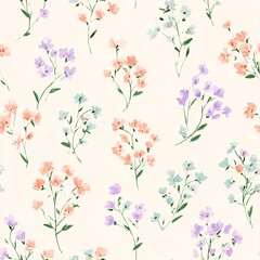 Seamless pattern of delicate pastel watercolor blossoms in soft romantic hues on a light backdrop