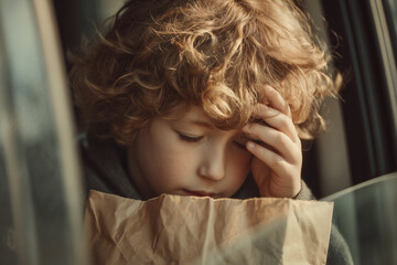 A little child gets seasick and sick in a moving car.