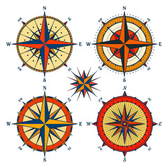 Vintage marine wind rose, nautical chart. Colorful navigational compass with cardinal directions of North, East, South, West. Geographical position, cartography and navigation. Vector illustration