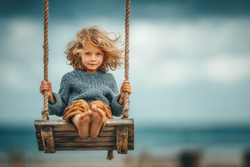 A little girl is having fun riding a swing on seaside.