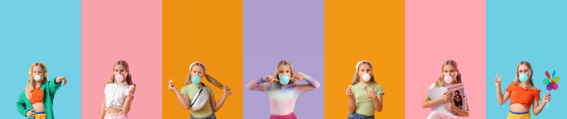 Set of pretty girl with chewing gum on color background