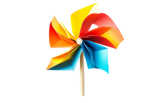 Tricolor paper windmill toy spinning gently in the breeze with vibrant colors isolated on white background PNG