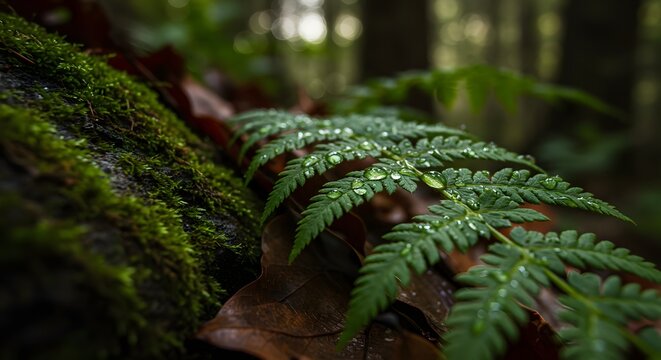 Dew-Dotted Fern Fronds in Java&rsquo;s Hidden Valley After Rain