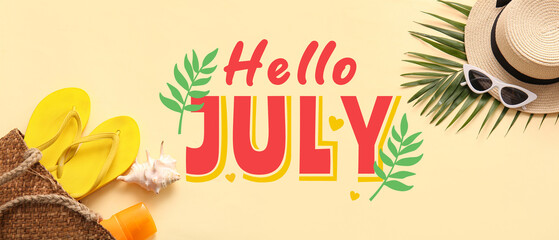 Composition with stylish beach accessories, palm leaf and seashell on color background