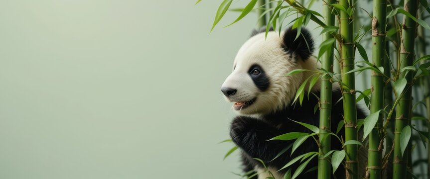 Playful panda cub nestled among bamboo leaves against a soft background capturing innocence and charm