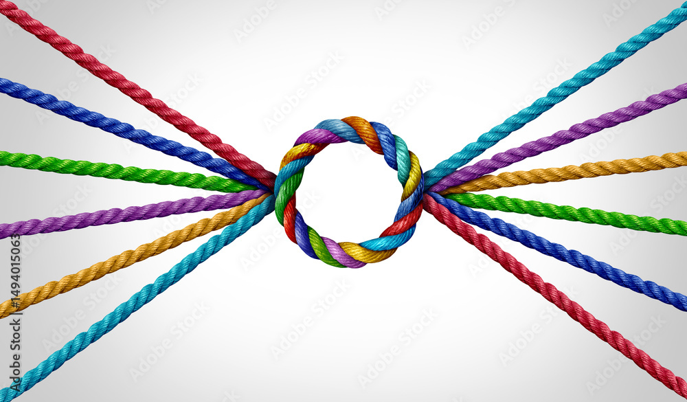 Aufkleber Unity Success Concept Connecting together in a perfect circle as a teamwork symbol or a business success metaphor for joining a partnership of diversity as diverse ropes connected.