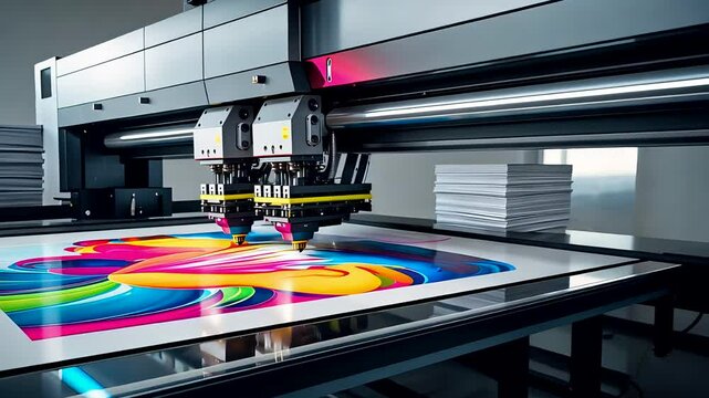 High-Tech Industrial Inkjet Printer Printing Colorful Graphics on Large Format Paper in Factory Setting