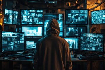 Individual working on multiple computer screens in dimly lit room filled with monitors displaying various data and graphics late at night