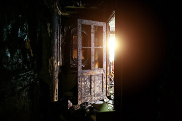 Aftermath of fire. Burnt room interior