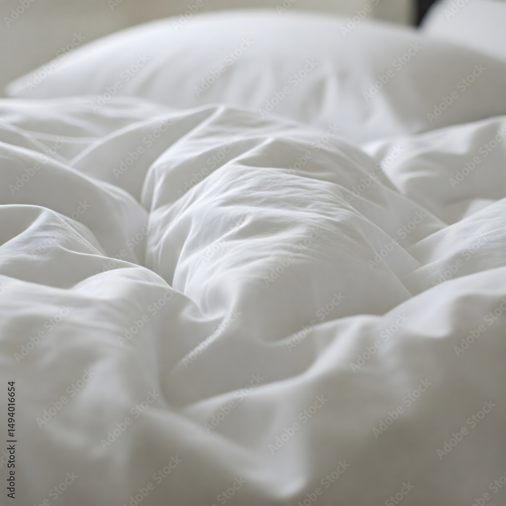 Poster crumpled white bedding with soft folds and shadows, creating a serene and inviting texture, perfect 