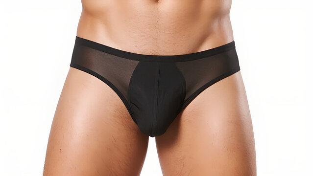 Front view of black sheer men&rsquo;s underwear briefs, minimalist and breathable design.