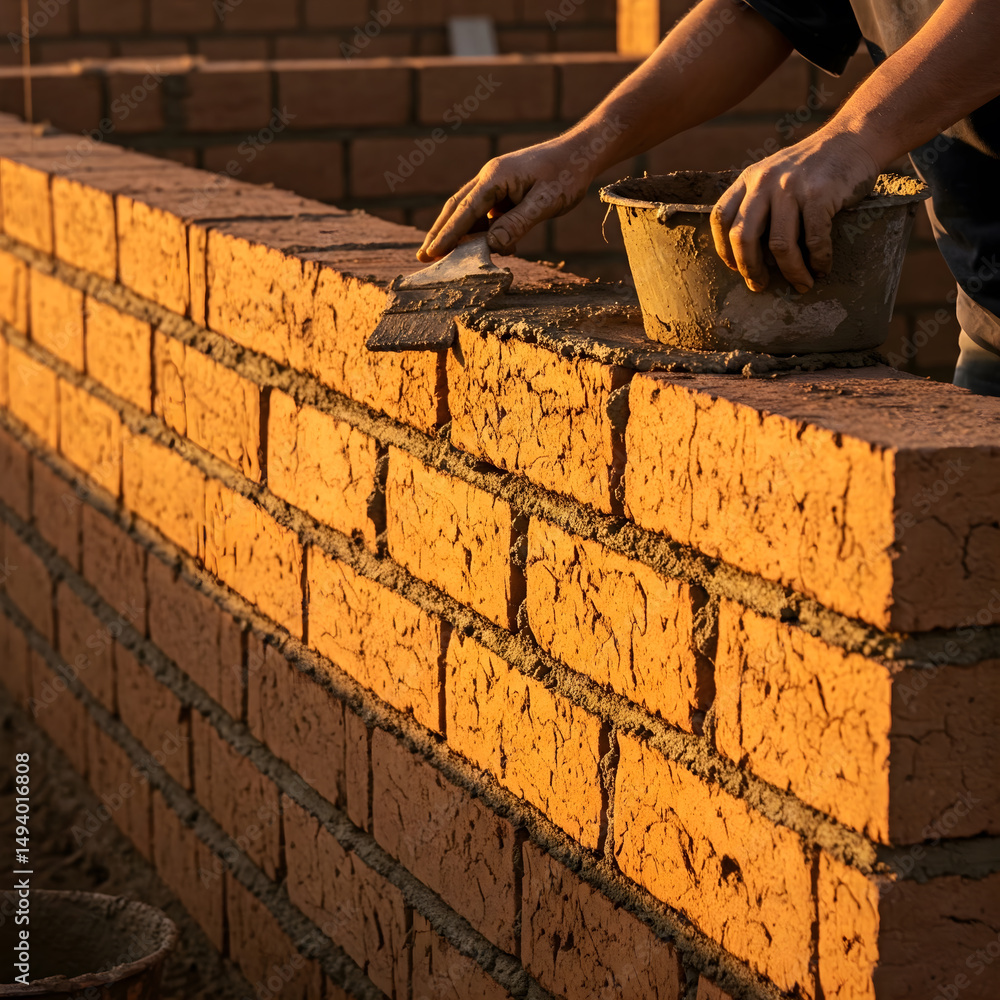 Poster hands laying bricks with mortar, constructing a wall, illustrating the process of traditional buildi