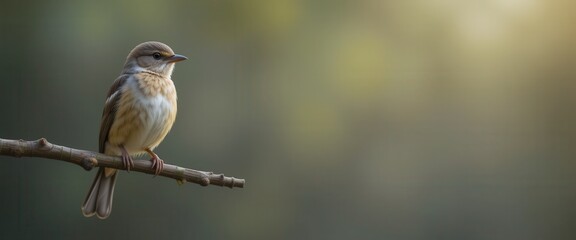 Obraz premium Small Brown Bird Sitting on a Branch in a Natural Green Background with Soft Light and Calm Environment