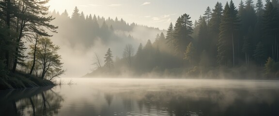 Fototapeta premium Serene Morning Mist Over Tranquil Lake Surrounded by Lush Green Trees and Soft Golden Light