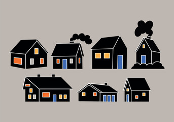 Various black small and tiny houses of different shapes in cartoon flat comic style. Creative character houses, window, door, roof, building. Hand drawn vector retro illustration. 