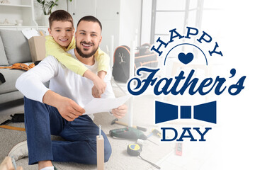 Father with instructions and his son assembling furniture at home