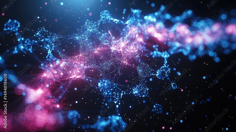 Poster a digital representation of connected data structures with blue and pink hues