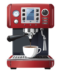modern red espresso machine with digital display brewing - vector illustration
