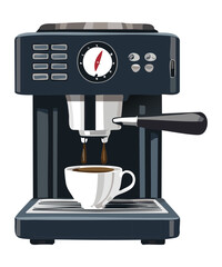 black espresso machine brewing a cup of coffee - vector illustration