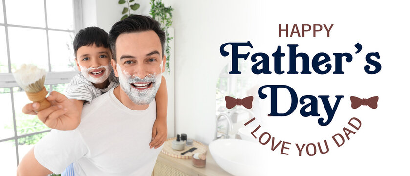 Happy father and his little son with shaving foam on their faces holding brush in bathroom - Powered by Adobe
