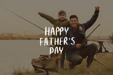 Little boy and his father fishing on river