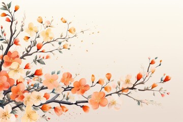 Fototapeta premium BRANCHE DE FLEURS DE PRUNIER EN AQUARELLE, STYLE ASIATIQUE