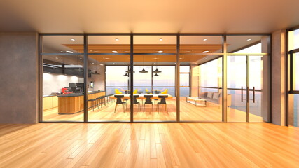 ガラス張りのミーティングルーム　3DCGレンダリング