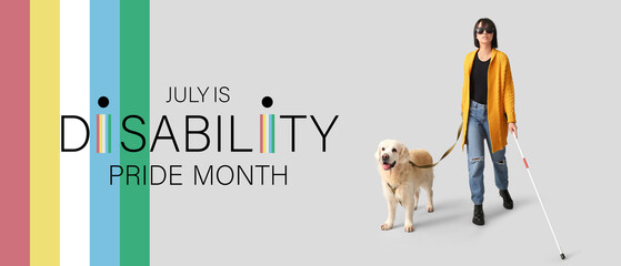 Blind woman with guide dog on grey background