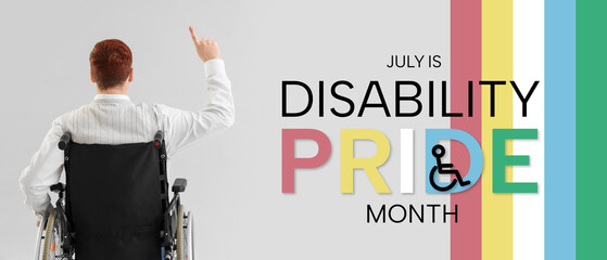 Office worker in wheelchair pointing at something on light background, back view