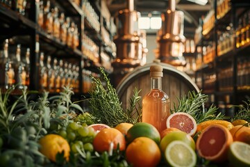 A barrel of barrel-aged gin surrounded by aromatic herbs and citrus fruits in a bright, contemporary distillery