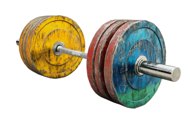 Weightlifting barbell loaded with vibrant colored Olympic plates for strength training isolated on white background PNG