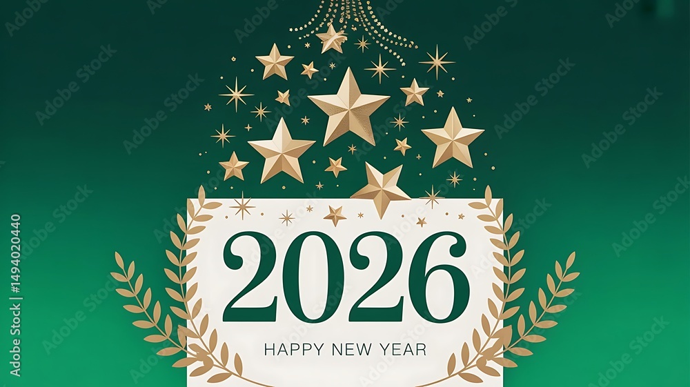 Fototapete a black and gold 2026 happy new year text with sparkling stars on a white background, created with g
