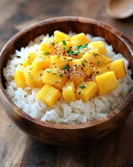 Fresh mango sticky rice drizzled with creamy coconut milk on a wooden plate