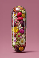 Obraz premium Transparent pill filled with flowers and seeds promoting natural medicine