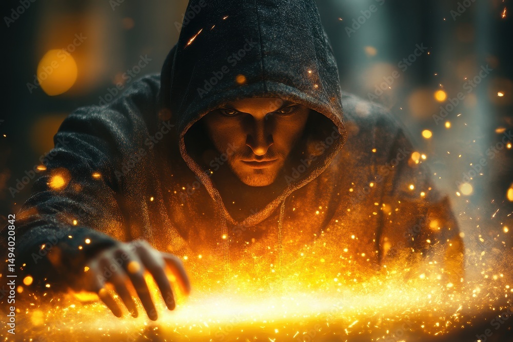Poster focused young man intently interacting with a holographic interface in a dimly lit high-tech environ