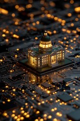 Digital Government Concept featuring a Miniature Capitol Building on a Computer Circuit Board with Golden Light Emitting from the Windows