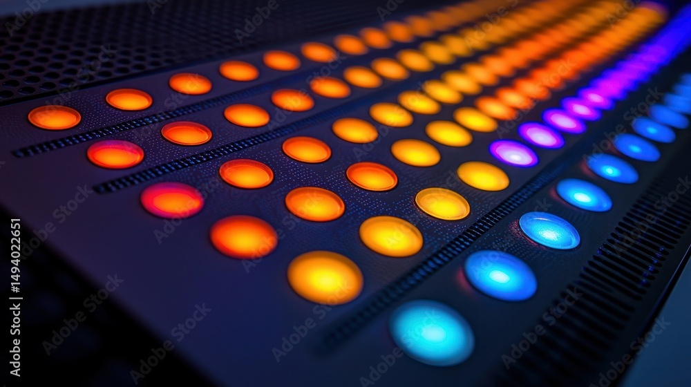 Poster lit geometric panel with gradient of glowing colorful dots