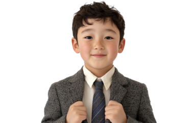 Young boy wearing oversized blazer and tie pretending to be a businessman isolated on white background PNG