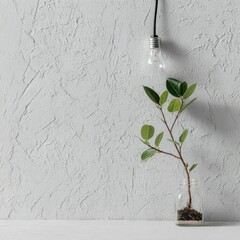 Still life of plant in jar and lightbulb against textured wall in studio for environmental or energy concept
