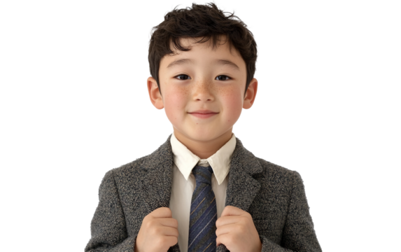 Young boy wearing oversized blazer and tie pretending to be a businessman isolated on white background PNG