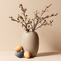 Easter still life with blossom branches in vase and colored eggs on beige background studio shot