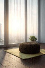 Indoor Relaxation Scene with Pouf and Plant by Window; Low Angle Still Life in Modern Apartment
