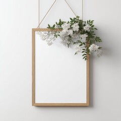Blank frame mockup with white flowers hanging on wall minimalist style neutral background for art or photography presentation