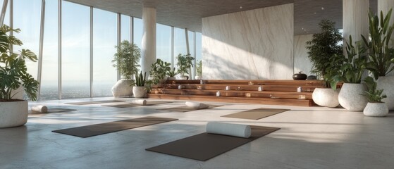 Serene yoga studio interior with mats and plants in a modern high rise building with city view from floor level