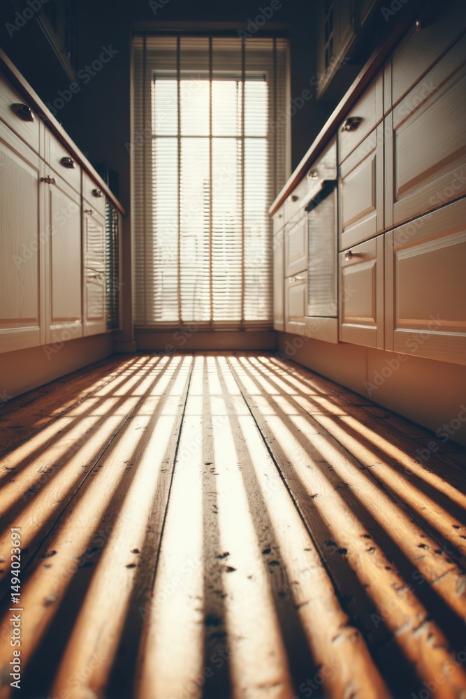 Aufkleber sunlit kitchen floor with cabinets and window blinds creating light and shadow patterns perspective 