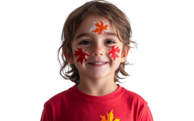 Happy kid with vibrant maple leaf painted on face smiling joyfully isolated on white background PNG