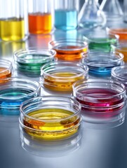 Close up of petri dishes filled with colorful liquids in a laboratory setting science research experiment
